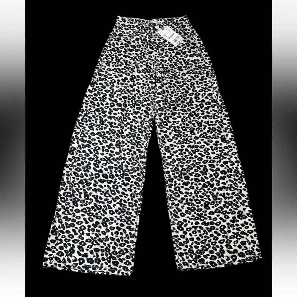 Zara Baggy Wide Leg Leopard Animal Print Jeans Cotton Size US 2